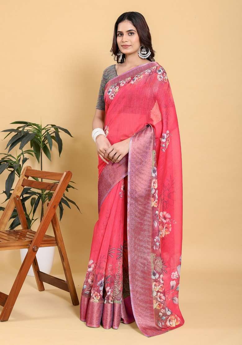 Hot Pink Silk Blend Saree Set with Zari Work for Diwali | Wedding & Festive Wear - Indya
