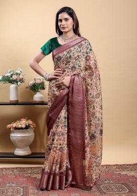 Peach Zari Work Silk Blend Saree Set