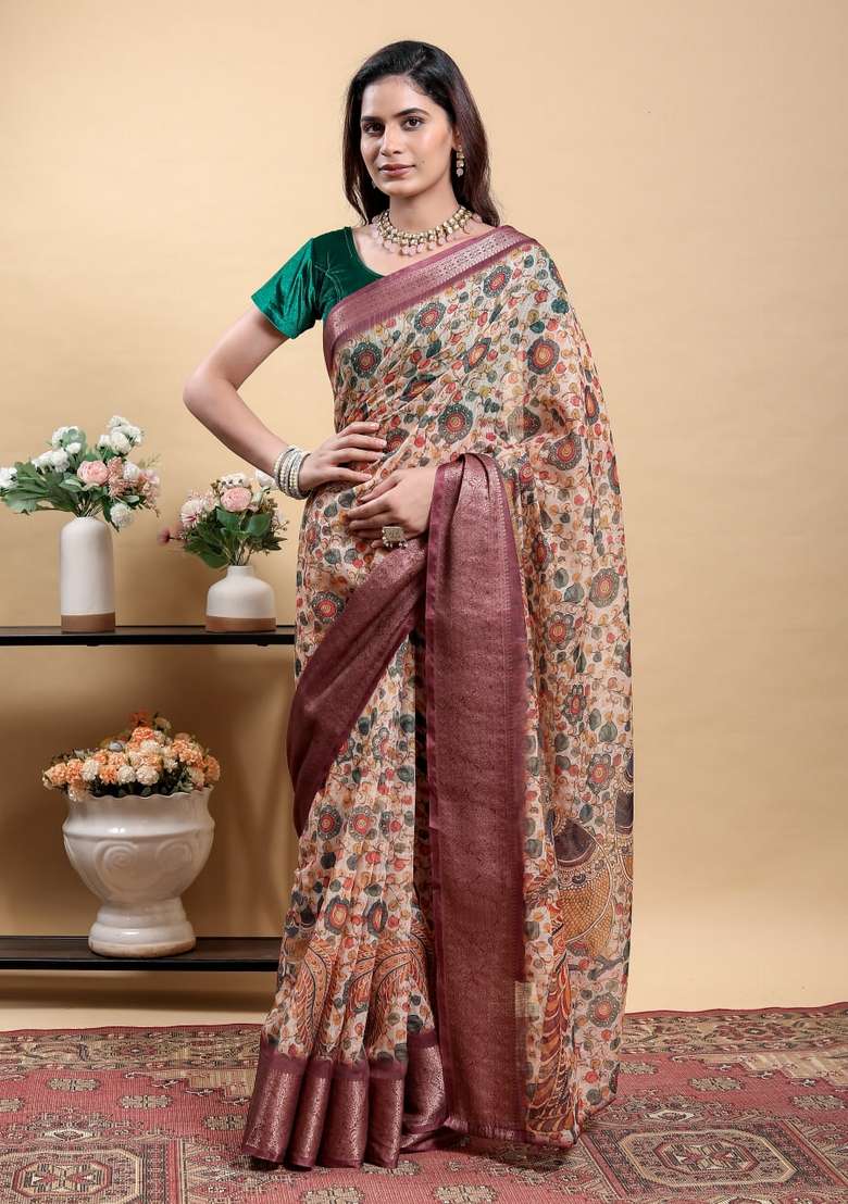 Peach Zari Work Silk Blend Saree Set for Diwali and Festive Wear - Indya