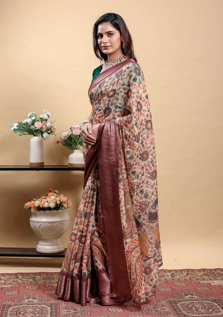 Peach Zari Work Silk Blend Saree Set for Diwali and Festive Wear - Indya