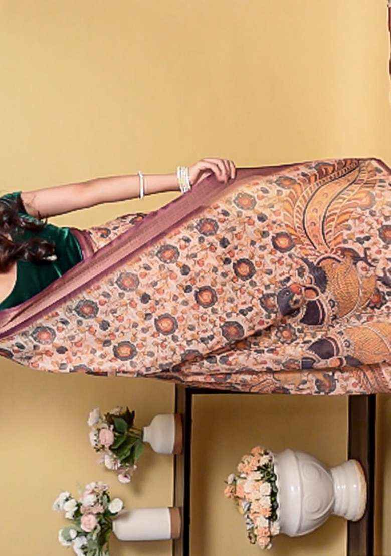 Peach Zari Work Silk Blend Saree Set for Diwali and Festive Wear - Indya