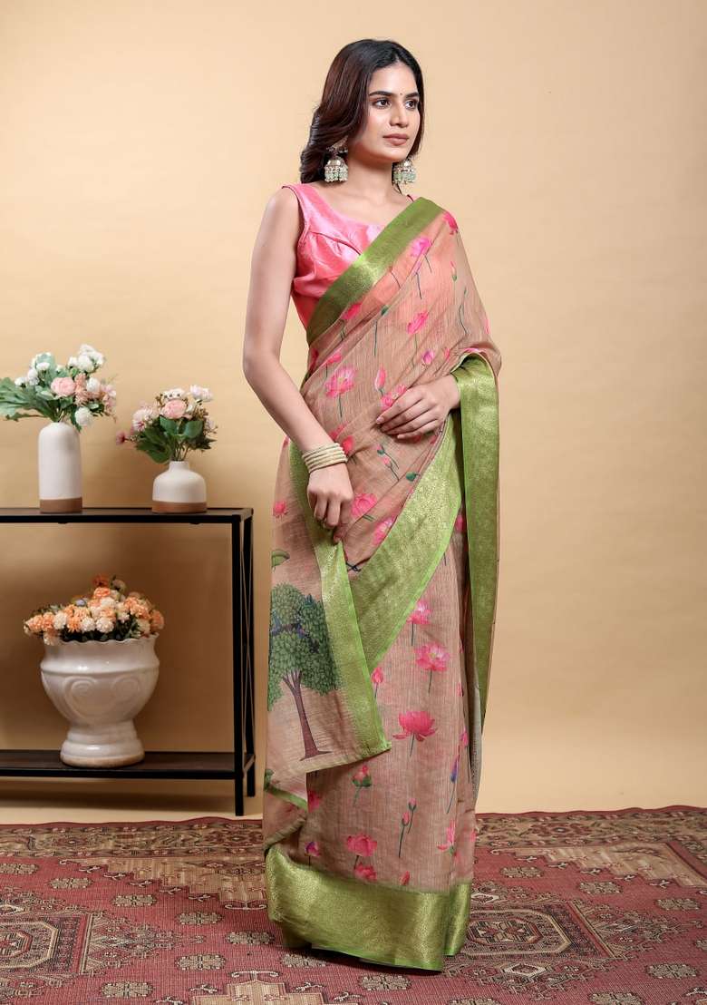 Cream Silk Blend Saree Set with Zari Work for Diwali | Wedding & Festive Wear - Indya