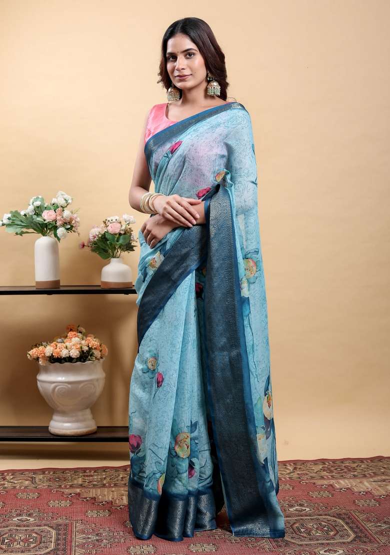 Light Sky Blue Silk Blend Saree Set with Zari Work for Diwali | Wedding & Festive Wear - Indya