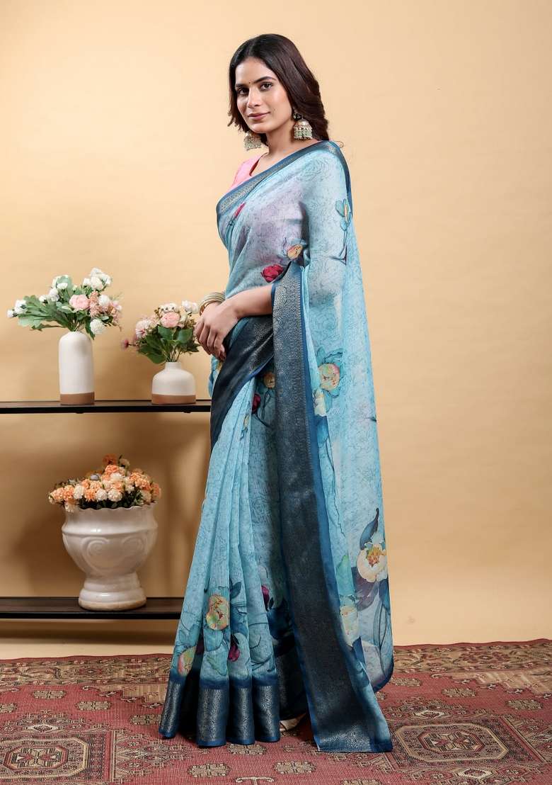Light Sky Blue Silk Blend Saree Set with Zari Work for Diwali | Wedding & Festive Wear - Indya