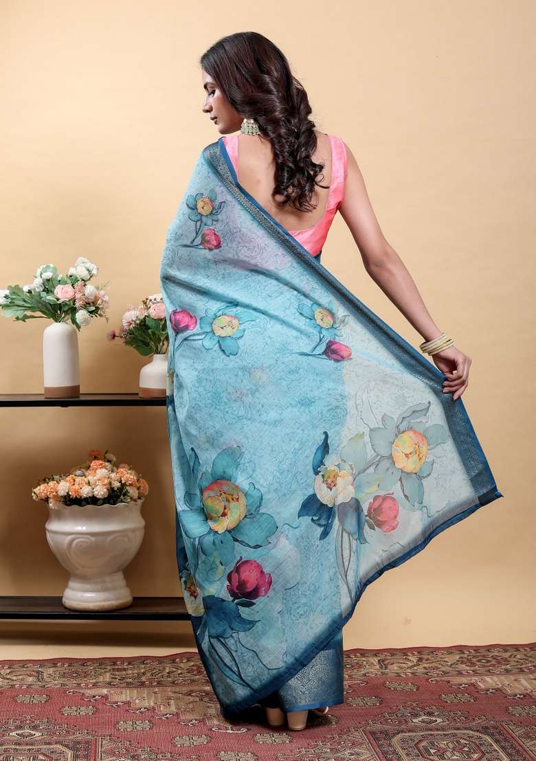 Light Sky Blue Silk Blend Saree Set with Zari Work for Diwali | Wedding & Festive Wear - Indya