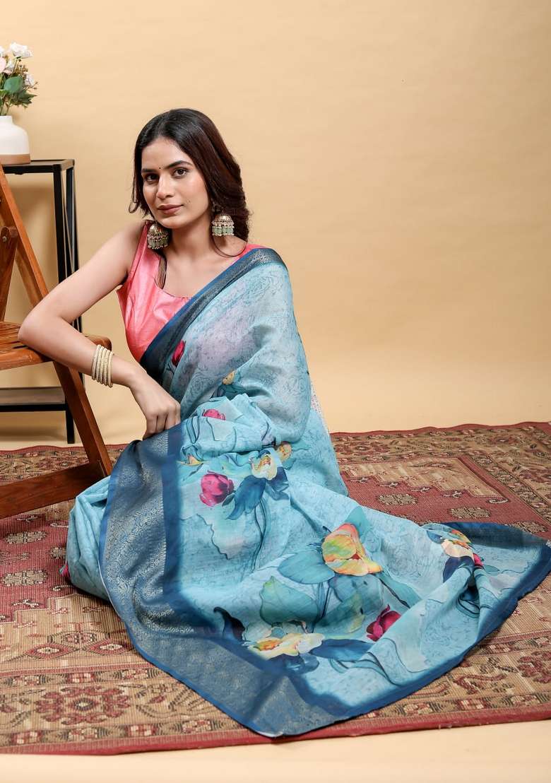Light Sky Blue Silk Blend Saree Set with Zari Work for Diwali | Wedding & Festive Wear - Indya