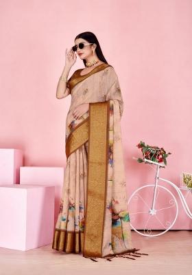 Cream Zari Work Silk Blend Saree Set