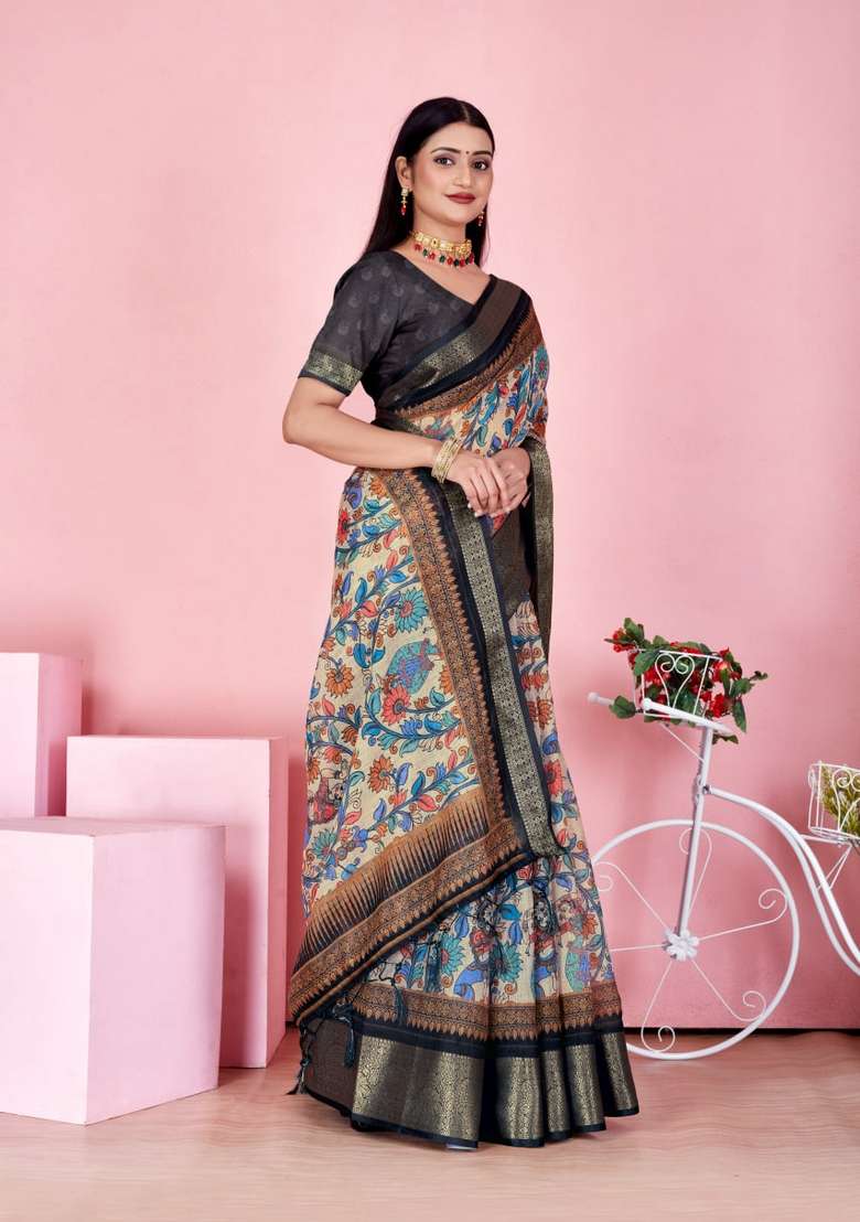 Cream Zari Work Silk Blend Saree Set for Diwali and Festive Wear - Indya