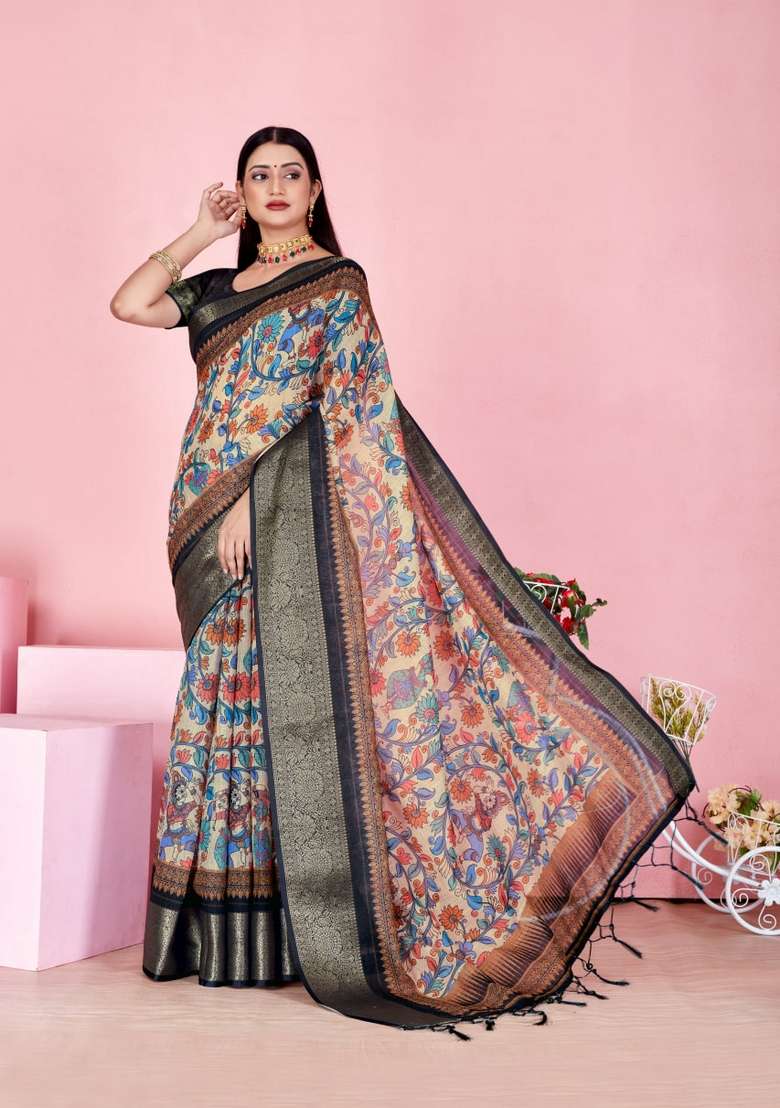Cream Zari Work Silk Blend Saree Set for Diwali and Festive Wear - Indya