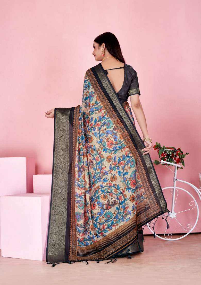 Cream Zari Work Silk Blend Saree Set for Diwali and Festive Wear - Indya