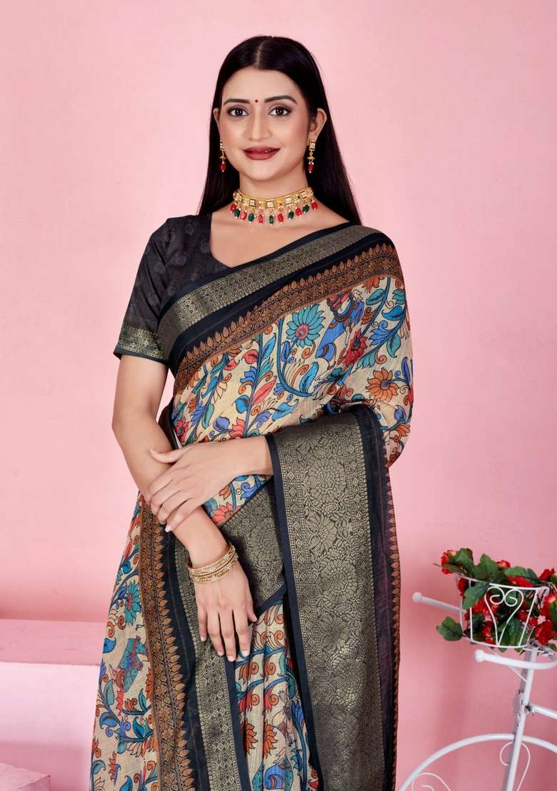 Cream Zari Work Silk Blend Saree Set for Diwali and Festive Wear - Indya