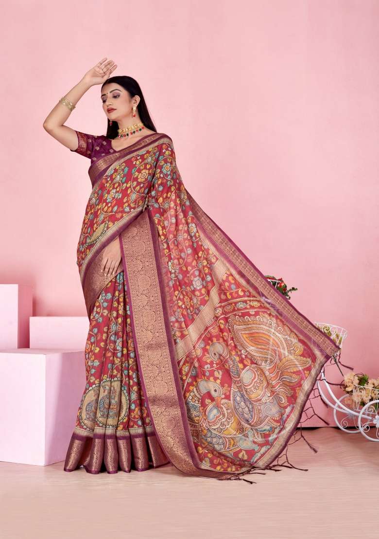 Red Silk Blend Saree Set with Zari Work for Diwali | Wedding & Festive Wear - Indya