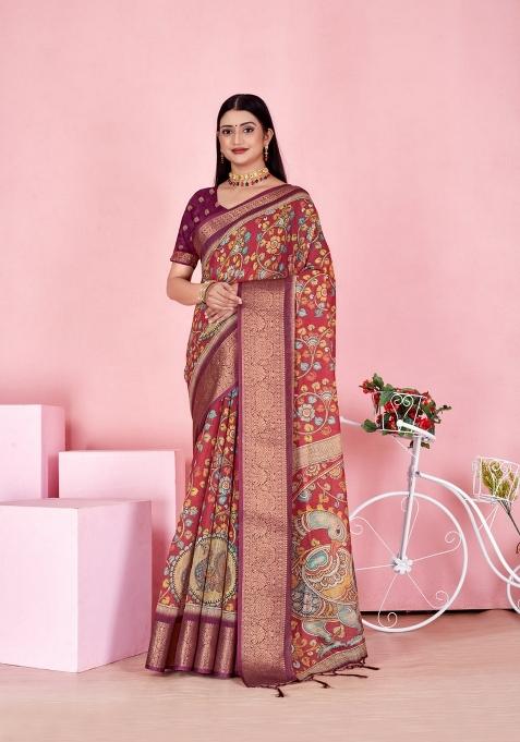 Red Zari Work Silk Saree Set — view on Indya