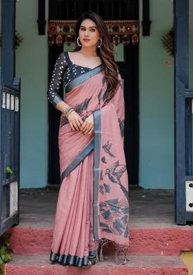 Peach Zari Work Silk Blend Saree Set