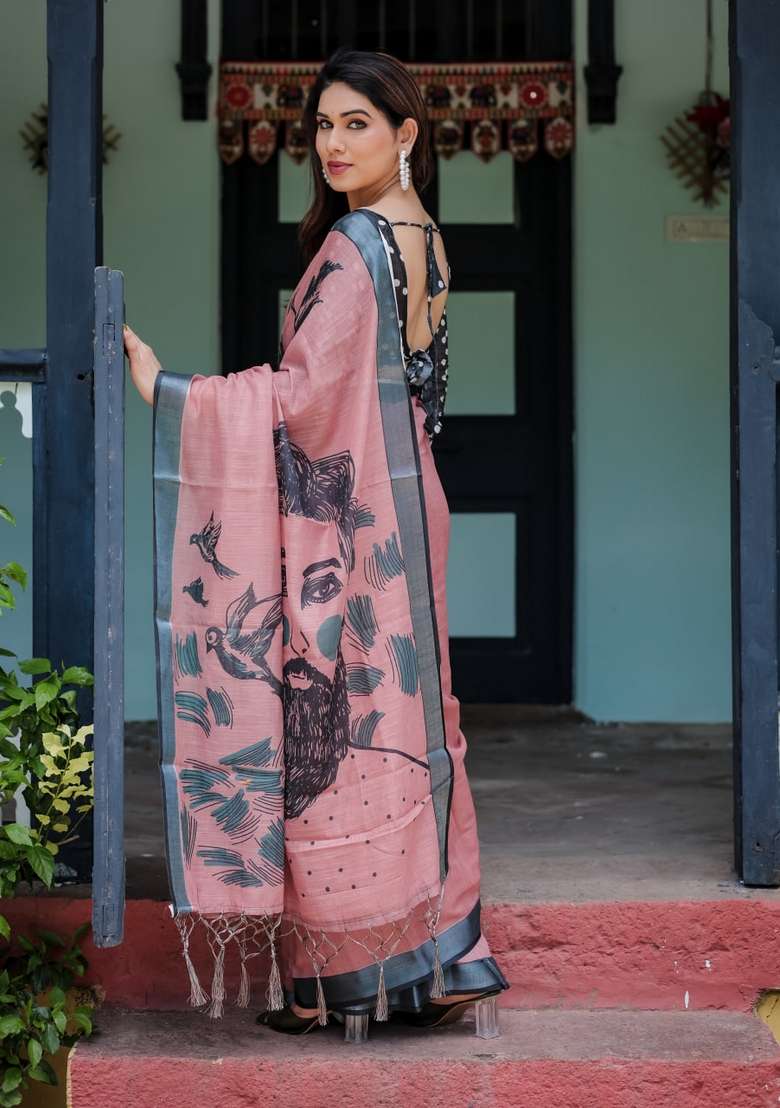 Peach Silk Blend Saree Set with Zari Work for Diwali | Wedding & Festive Wear - Indya
