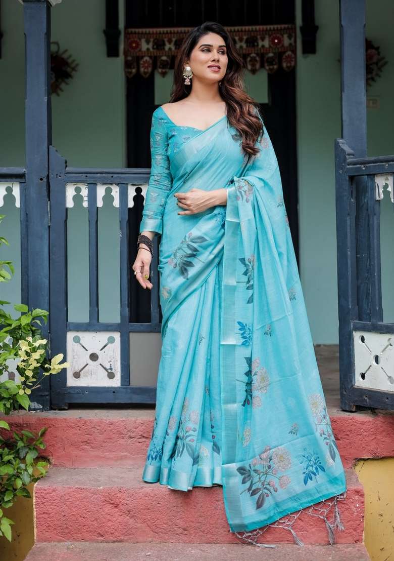 Sky Blue Silk Blend Saree Set with Zari Work for Diwali | Wedding & Festive Wear - Indya