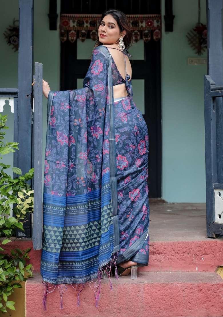 Navy Blue Silk Blend Saree Set with Zari Work for Diwali | Wedding & Festive Wear - Indya