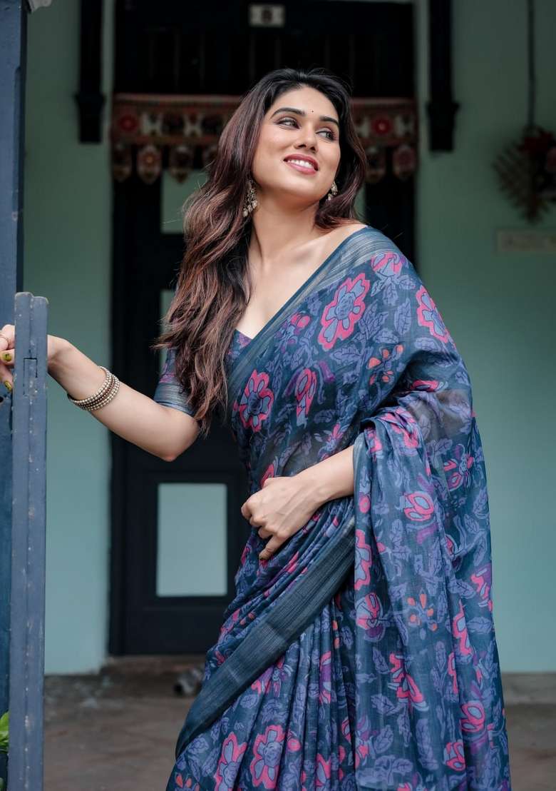 Navy Blue Silk Blend Saree Set with Zari Work for Diwali | Wedding & Festive Wear - Indya
