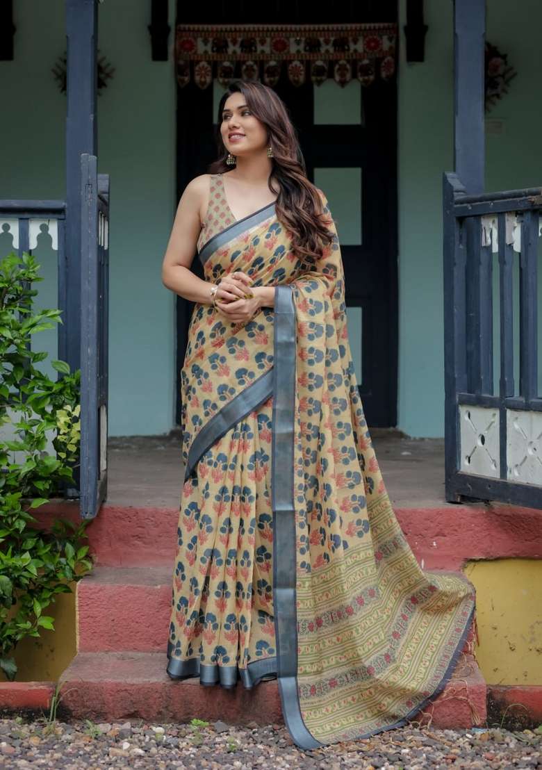 Yellow Zari Work Silk Blend Saree Set for Diwali and Festive Wear - Indya
