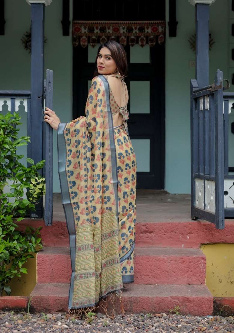 Yellow Zari Work Silk Blend Saree Set for Diwali and Festive Wear - Indya