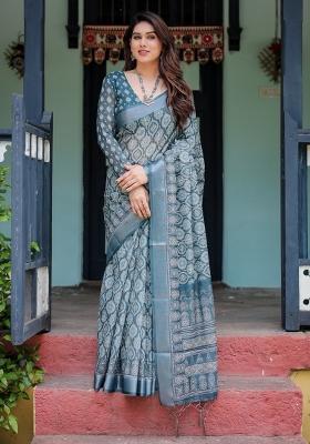 Teal Zari Work Silk Blend Saree Set