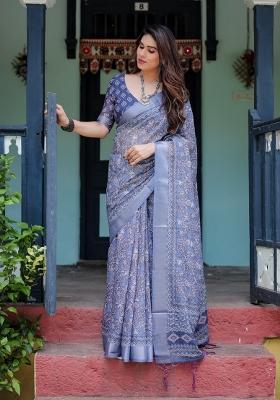 Light Purple Zari Work Silk Blend Saree Set