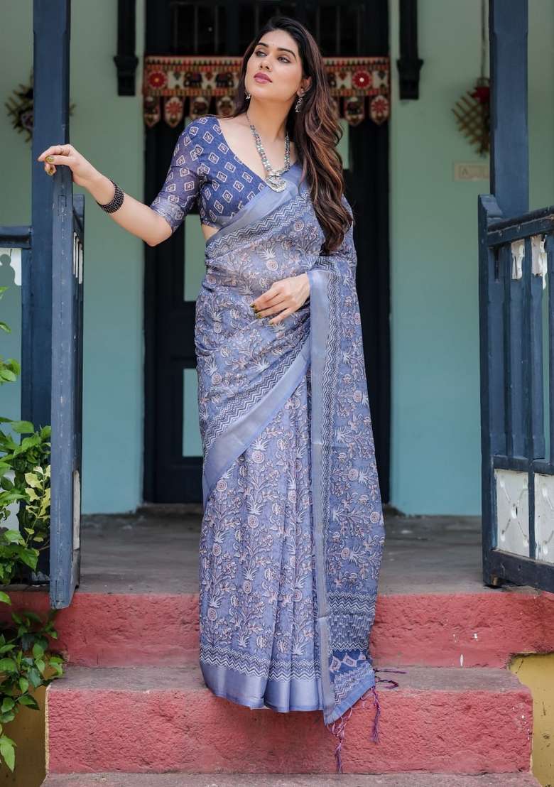 Light Purple Silk Blend Saree Set with Zari Work for Diwali | Wedding & Festive Wear - Indya