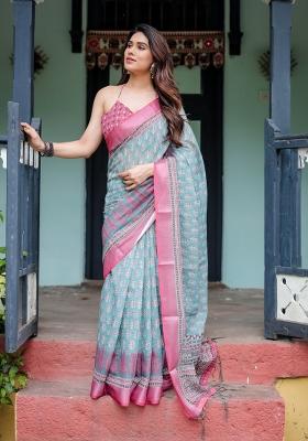 Light Sky Blue Zari Work Silk Blend Saree Set