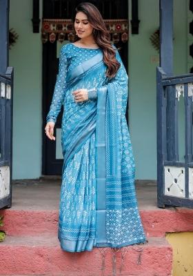 Sky Blue Zari Work Silk Blend Saree Set