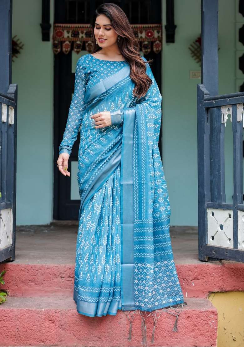 Sky Blue Zari Work Silk Blend Saree Set for Diwali and Festive Wear - Indya