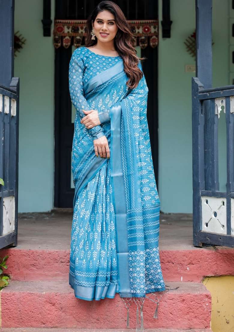 Sky Blue Zari Work Silk Blend Saree Set for Diwali and Festive Wear - Indya