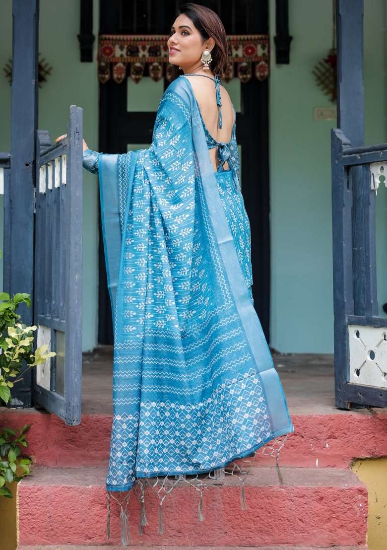 Sky Blue Zari Work Silk Blend Saree Set for Diwali and Festive Wear - Indya