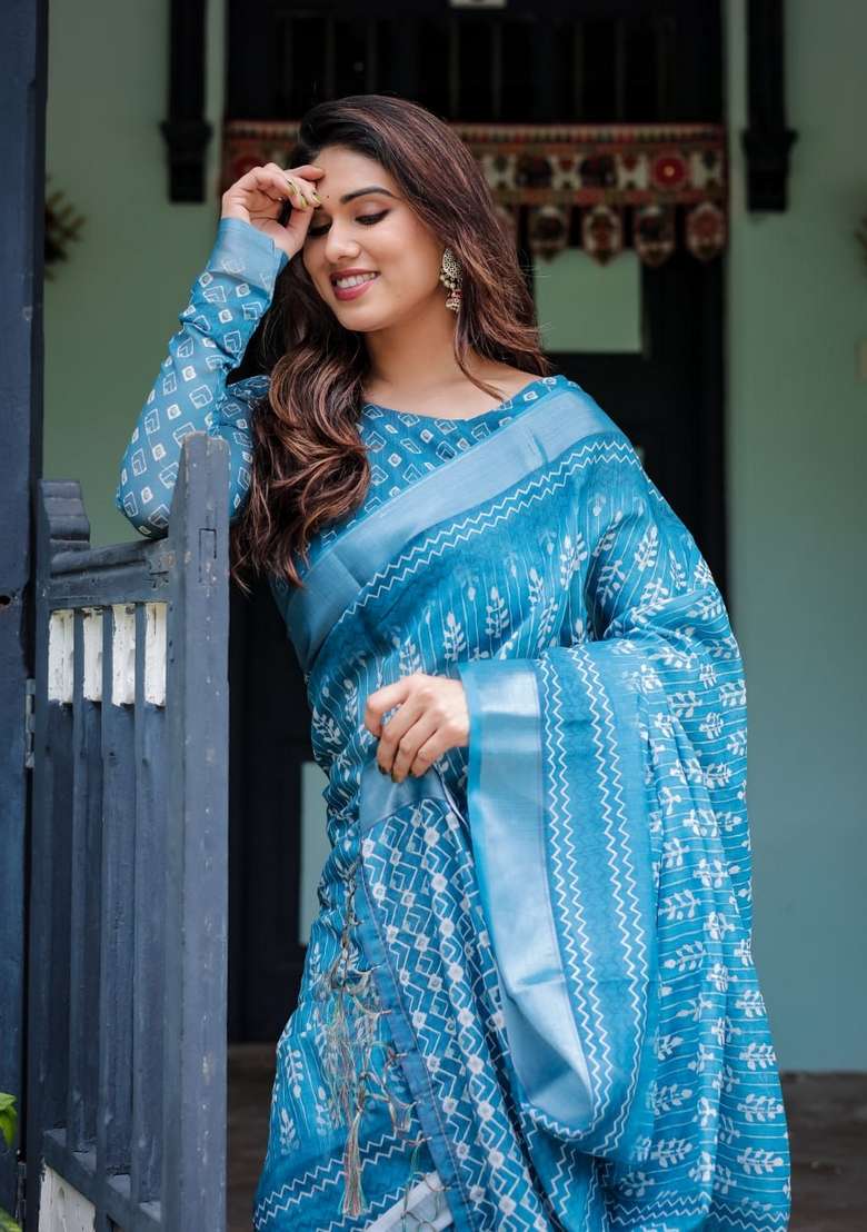 Sky Blue Zari Work Silk Blend Saree Set for Diwali and Festive Wear - Indya