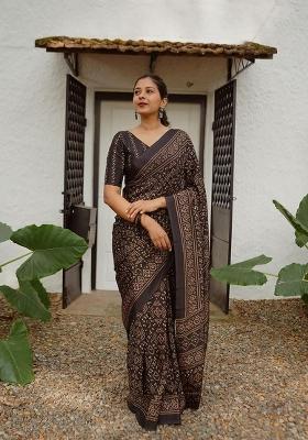 Black Zari Work Silk Blend Saree Set