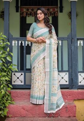 White Zari Work Silk Blend Saree Set