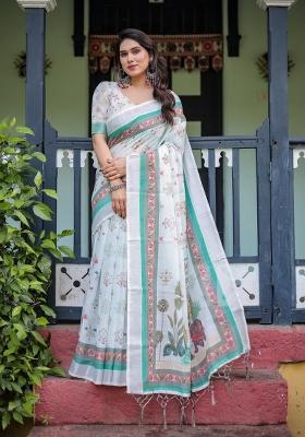 White Zari Work Silk Blend Saree Set