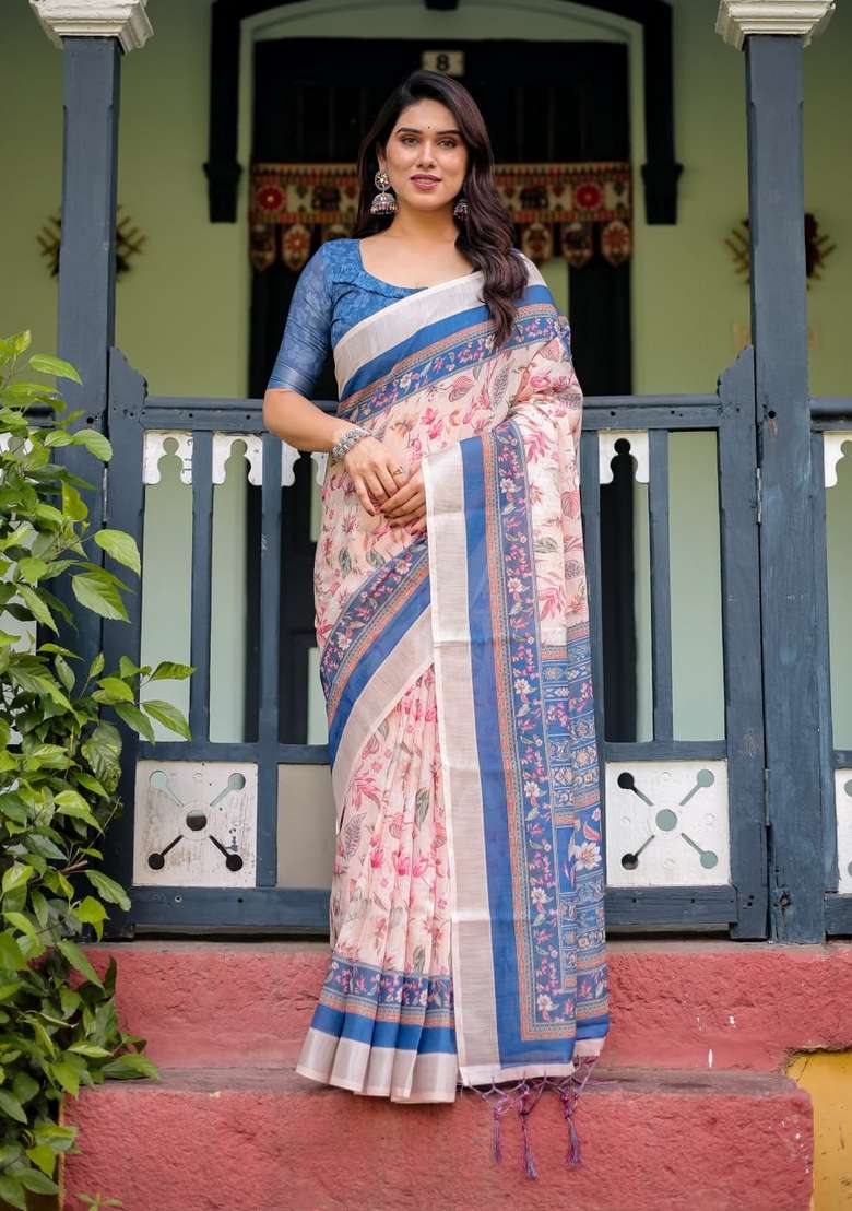Cream Silk Blend Saree Set with Zari Work for Diwali | Wedding & Festive Wear - Indya