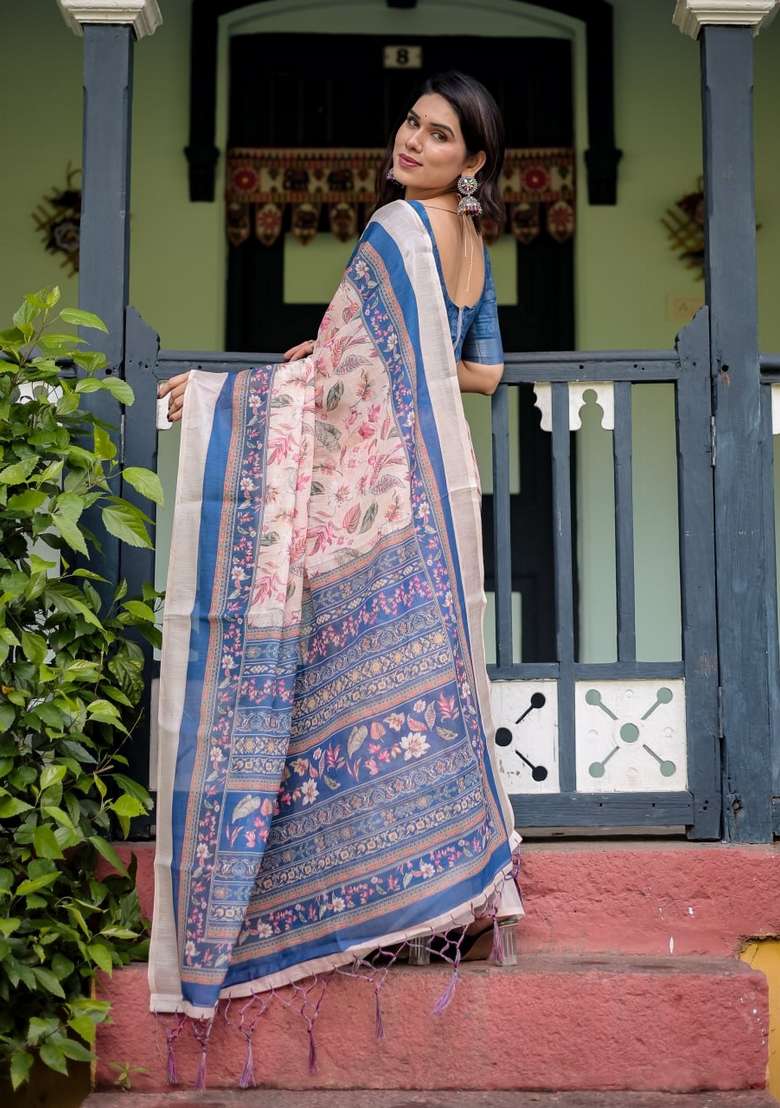 Cream Silk Blend Saree Set with Zari Work for Diwali | Wedding & Festive Wear - Indya