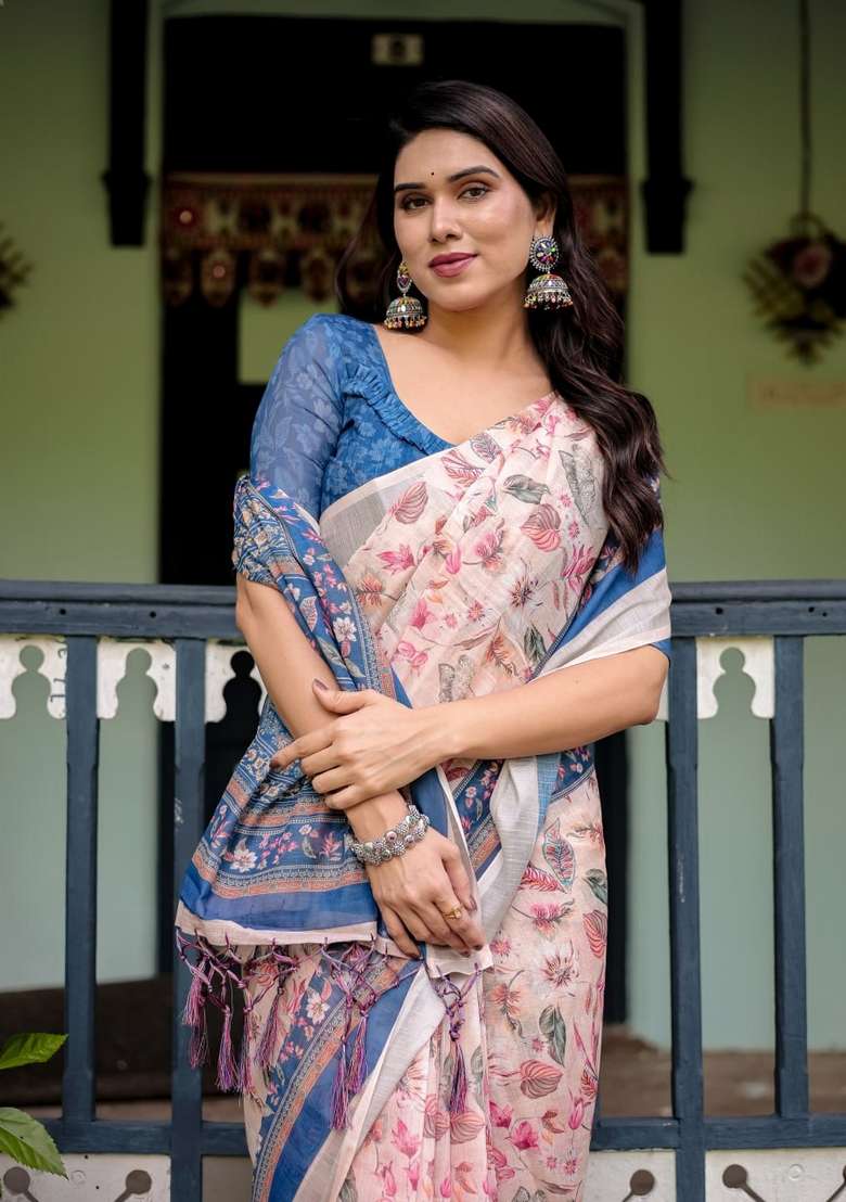 Cream Silk Blend Saree Set with Zari Work for Diwali | Wedding & Festive Wear - Indya