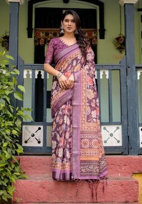 Wine Zari Work Silk Blend Saree Set