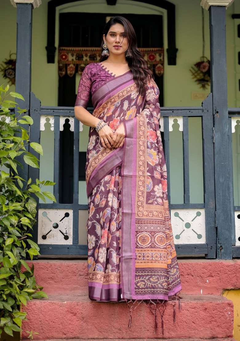 Wine Zari Work Silk Blend Saree Set for Diwali and Festive Wear - Indya