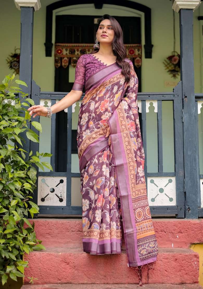Wine Zari Work Silk Blend Saree Set for Diwali and Festive Wear - Indya