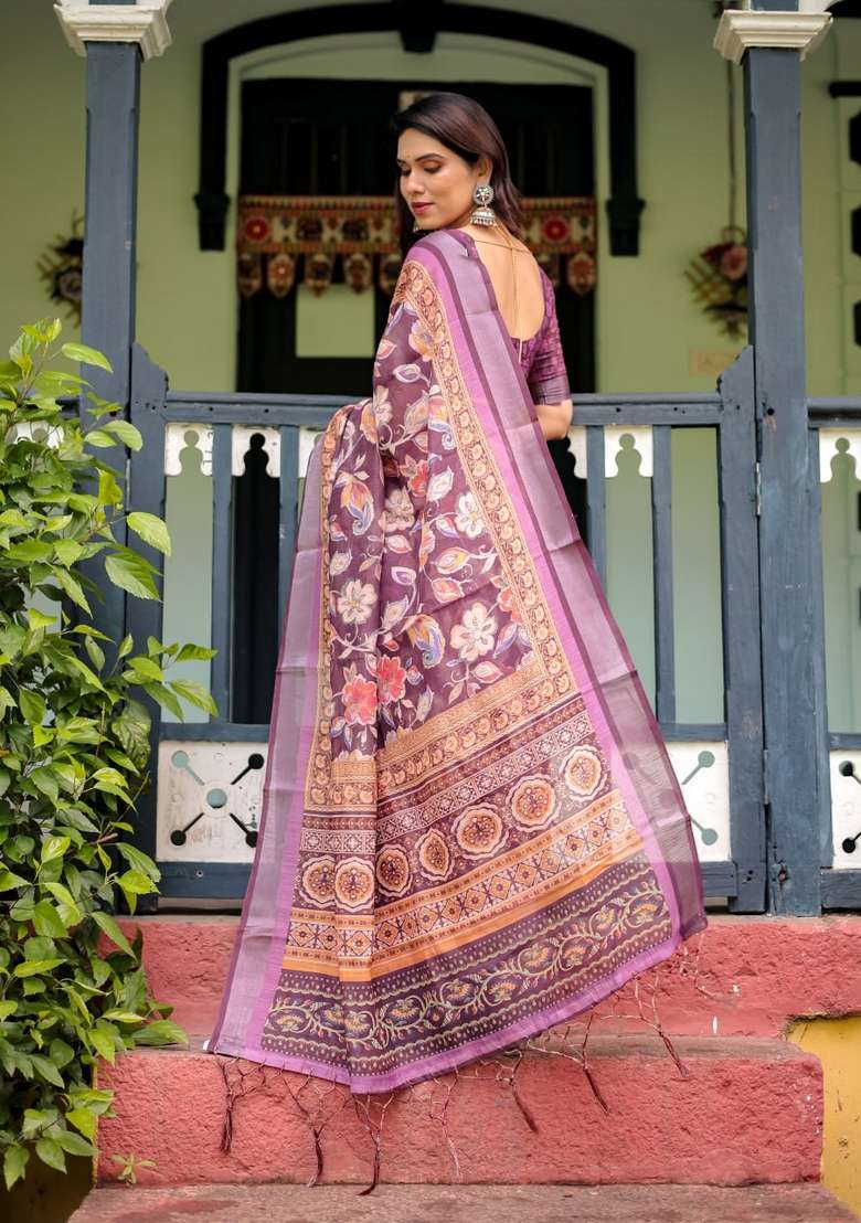 Wine Zari Work Silk Blend Saree Set for Diwali and Festive Wear - Indya