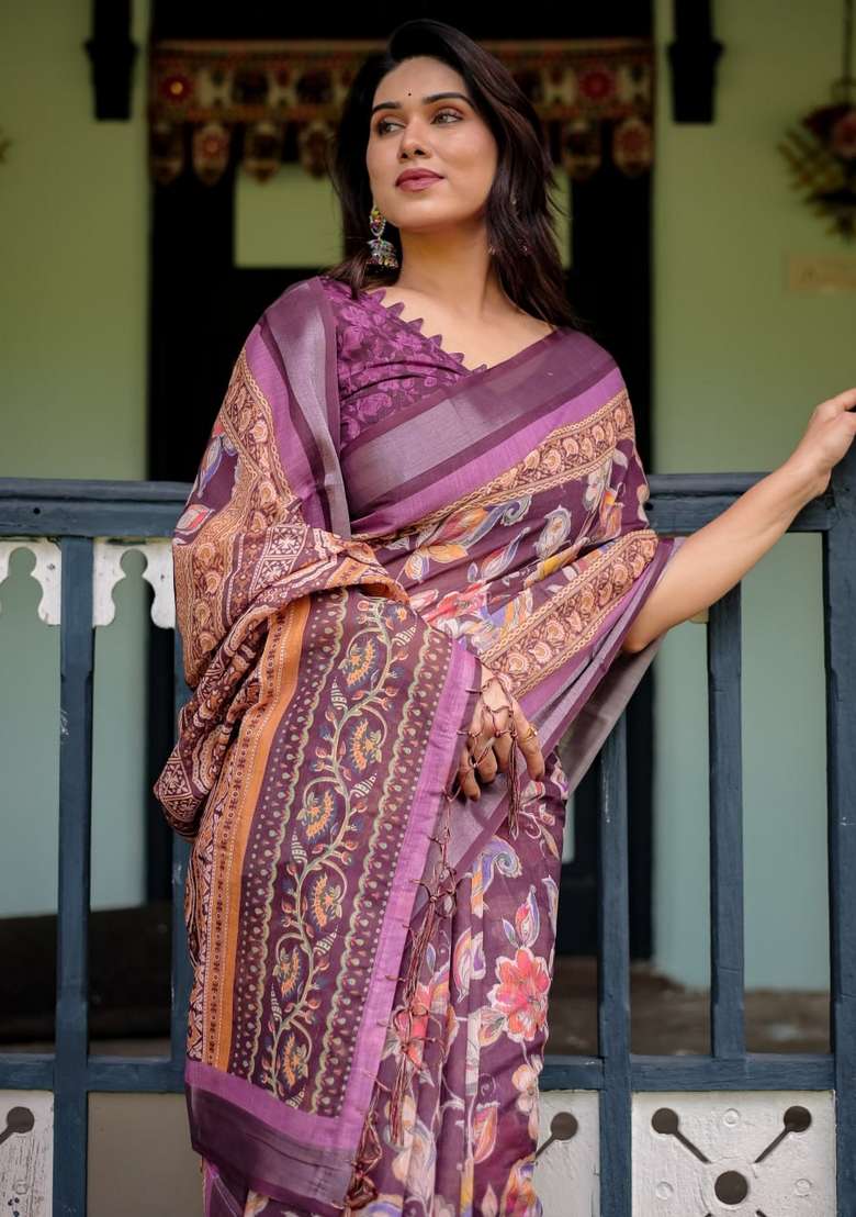 Wine Zari Work Silk Blend Saree Set for Diwali and Festive Wear - Indya