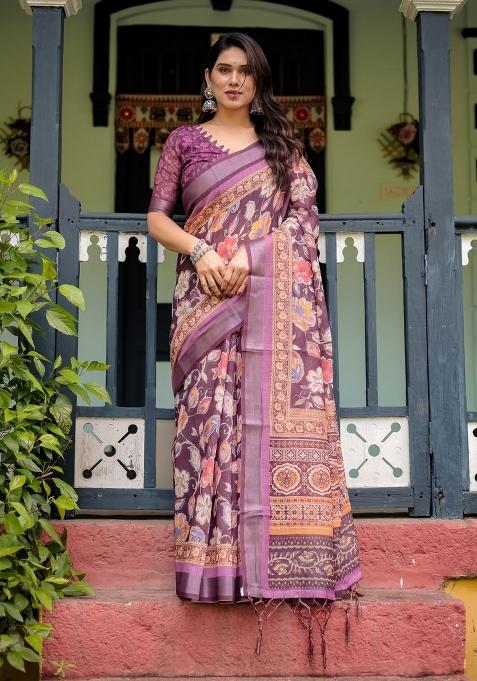 Wine Zari Work Silk Saree Set — view on Indya
