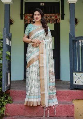 White Zari Work Silk Blend Saree Set