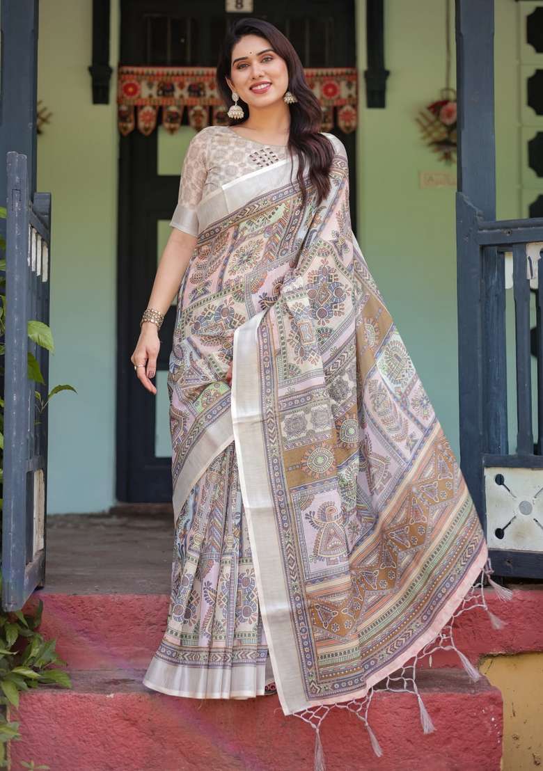 Multicolor Zari Work Silk Blend Saree Set for Diwali and Festive Wear - Indya