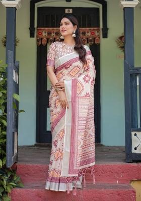 Cream Zari Work Silk Blend Saree Set
