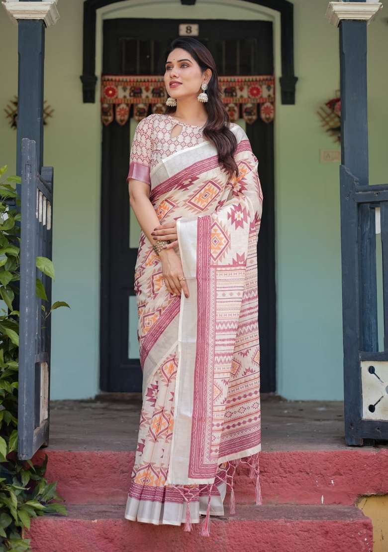 Cream Silk Blend Saree Set with Zari Work for Diwali | Wedding & Festive Wear - Indya