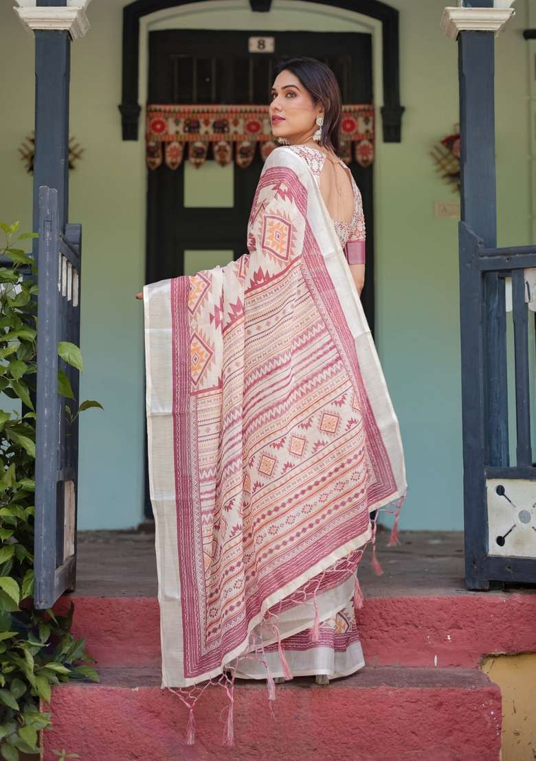 Cream Silk Blend Saree Set with Zari Work for Diwali | Wedding & Festive Wear - Indya